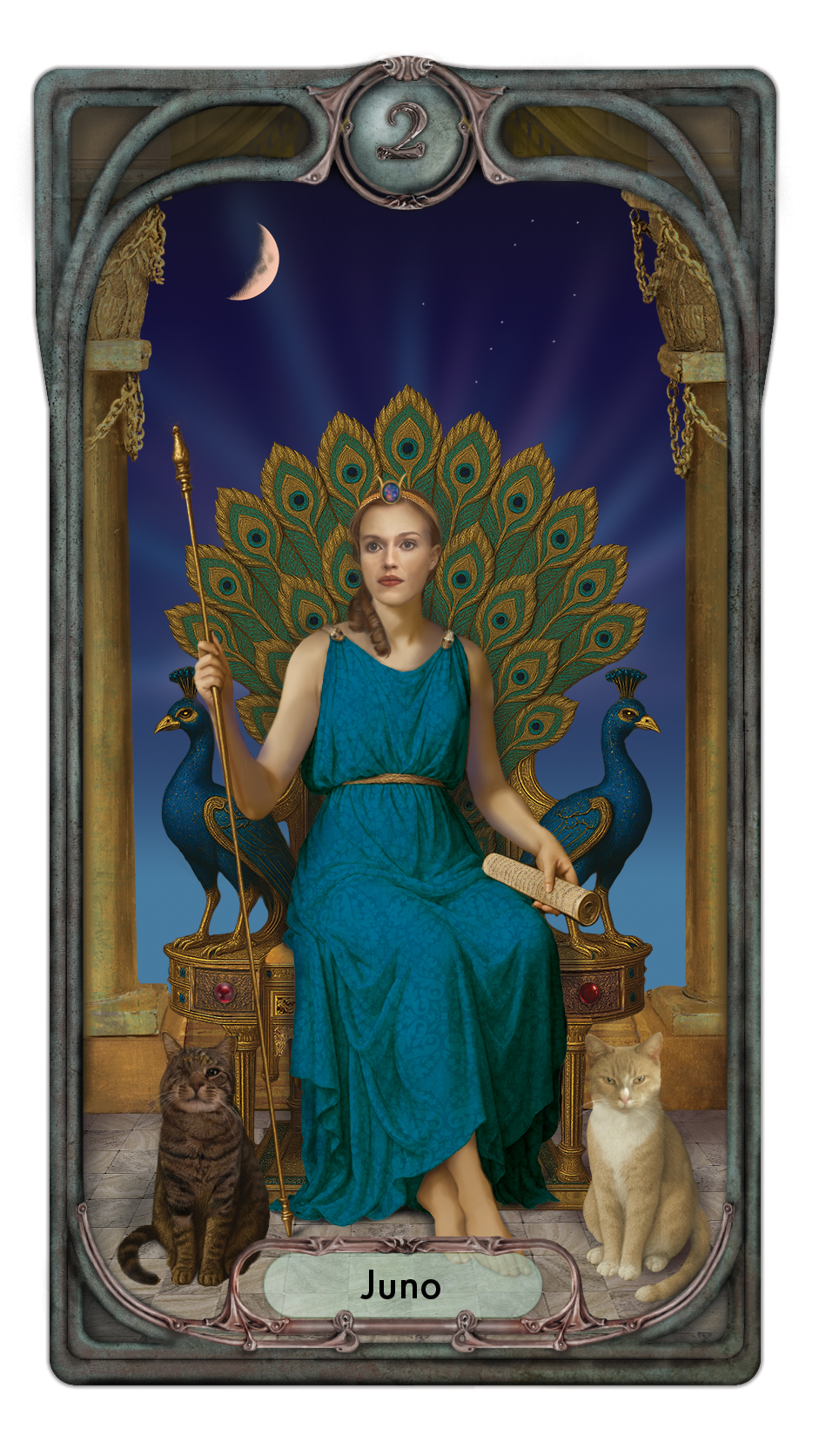 Tarot card for Juno featuring a young woman sitting on a peacock throne